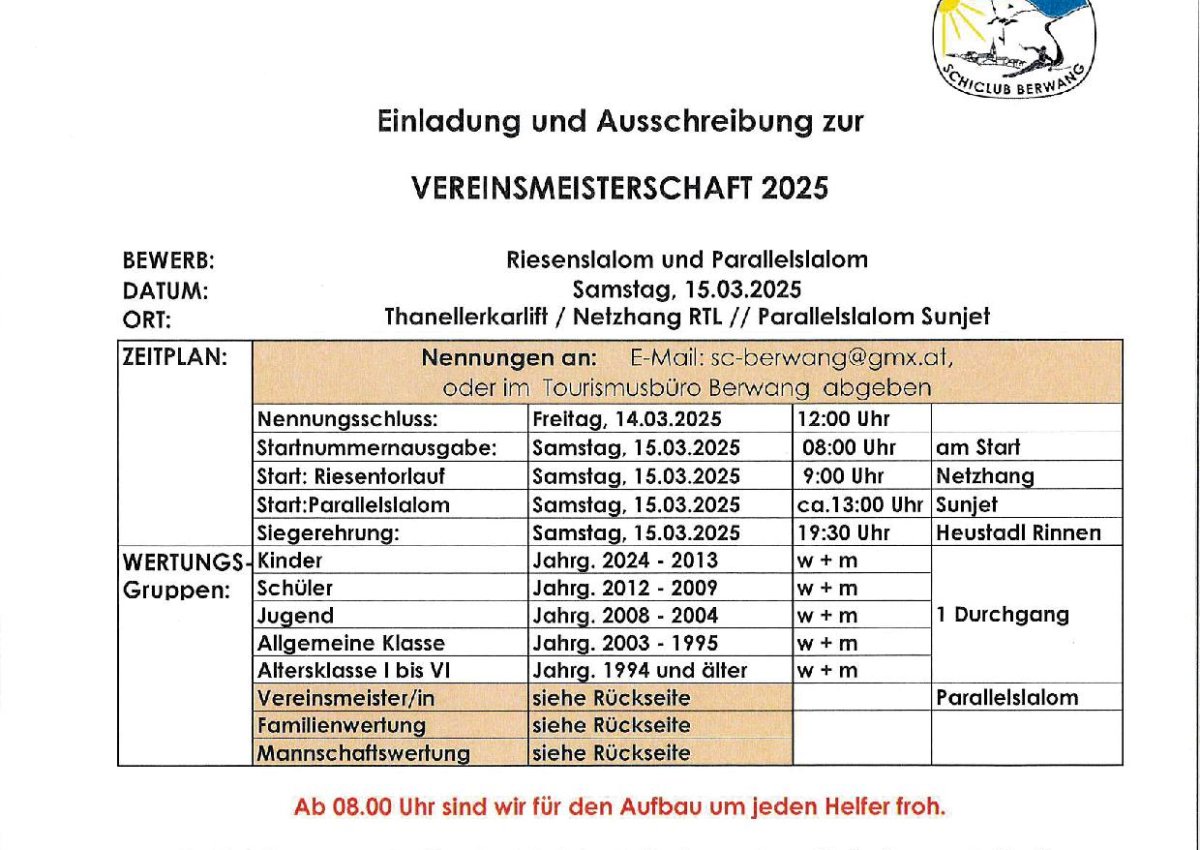 Vereinsmeisterschaft am Samstag, 15. März 2025! Vereinsmeisterschaft am Samstag, 15. März 2025!