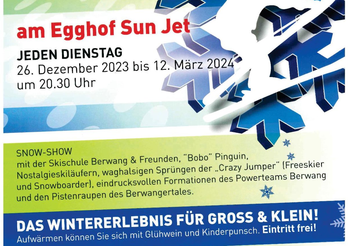 Skishow jeden Dienstag (bis 12.03.2024) um 20:30 Uhr am Egghof Sun Jet!