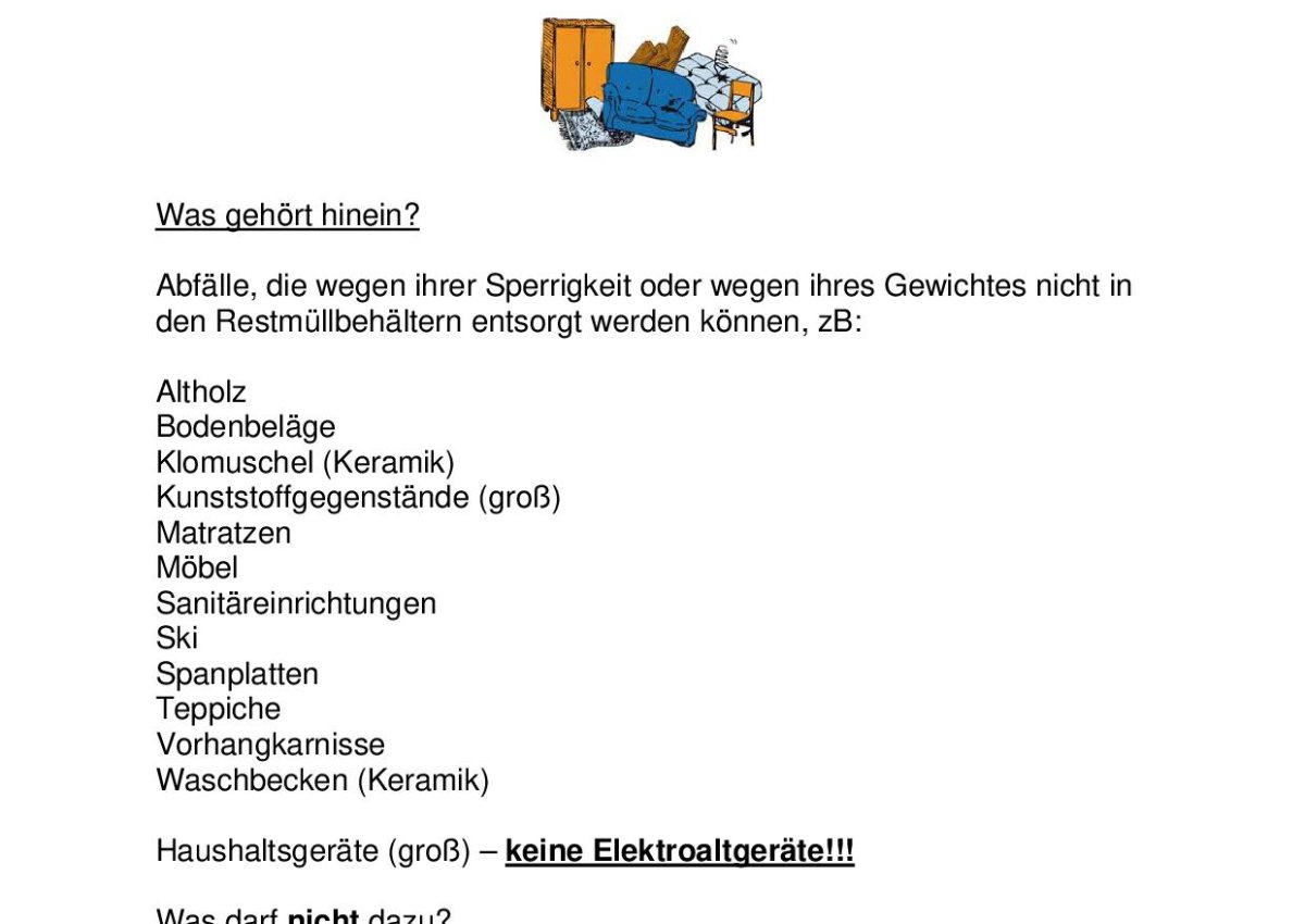 Sperrmüllsammlung: Samstag, 17. Mai 2025 von 8.00-12.00 Uhr am Recyclinghof Berwang !
